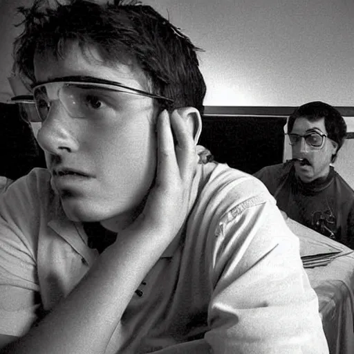 Image similar to sad geeks sitting in a dirty hotel room working on computers, 1990s photograph