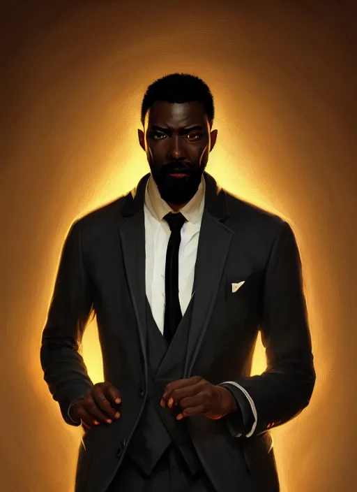 Prompt: portrait of handsome black genius in tailored suit, world map background, clean cut with goatee, intricate baroque thoughts, elegant atmosphere, glowing lights, highly detailed, digital painting, artstation, concept art, smooth, sharp focus, illustration, art by wlop, mars ravelo and greg rutkowski