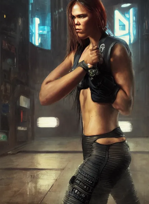 Prompt: ronda rousey teaches self defense. cyberpunk mercenary in a cyberpunk jumpsuit ( blade runner 2 0 4 9, cyberpunk 2 0 7 7 ). orientalist portrait by john william waterhouse and james gurney and theodore ralli and nasreddine dinet, oil on canvas. cinematic, hyper realism, realistic proportions, dramatic lighting, high detail 4 k