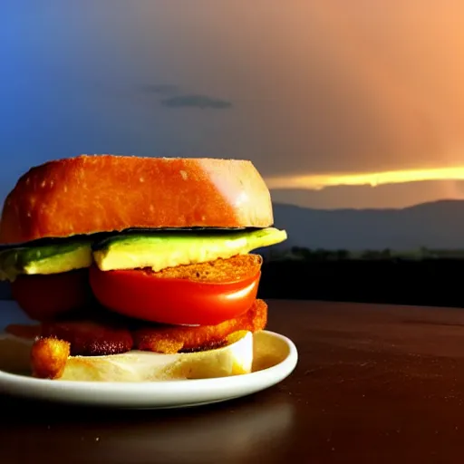 Image similar to sandwich with fried tofu, one tomato slice, one onion ring, avocado and melted cheddar, over a dish and over a table, with a sunset and rainbow in the background with saturn and stars in the sky