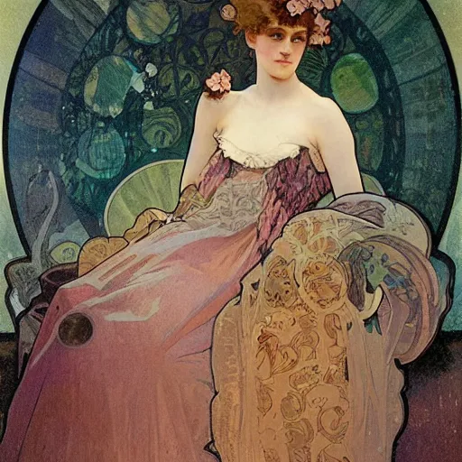 Prompt: young victorian lady in ball gown, painted by alphonse mucha