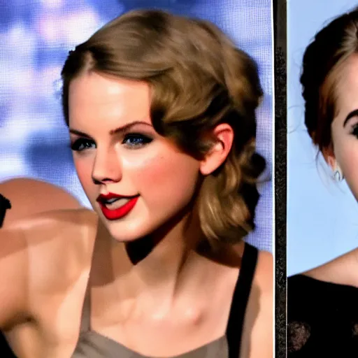 Image similar to stage photo of taylor swift and emma watson as one person,