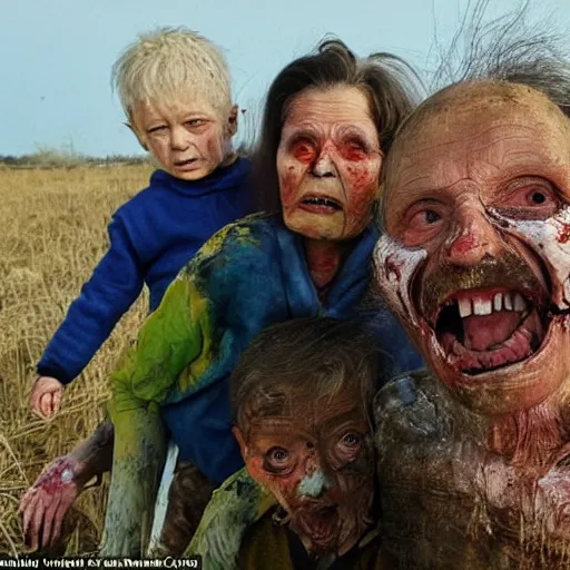 Image similar to selfie of the last surviving ukrainian with children with evil faces, wild pain and damage to the body burns alive to the bone, painted in dirty yellow - blue colors, a huge nuclear explosion is approaching in the background, corpses and skeletons are everywhere, the earth is on fire, smoke and radioactive rain