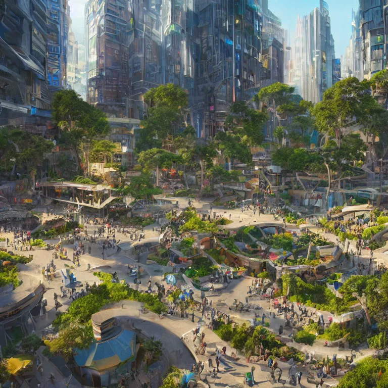 Image similar to environment concept art location of a giant outdoor amphitheater in a sci-fi eco-city, skybridges, turrets, crowded, hundreds of pedestrians, sunbeams, bold bright colors, unreal engine, detailed, octane render, 4k, photorealistic, cinematic lighting