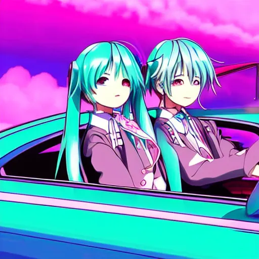 Image similar to Hatsune Miku and Megumin driving down the highway, vaporwave aesthetic