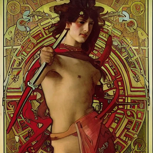 Image similar to red nunchaku warrior by alphonse mucha