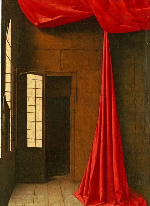 Prompt: red curtain on the floor, medieval painting by jan van eyck, johannes vermeer, florence