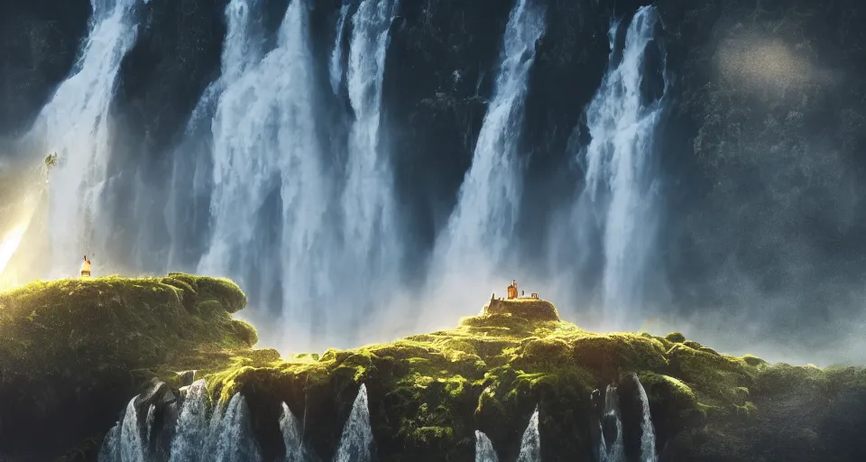 Prompt: A magnificent floating island in the sky above the sea, waterfall falling down, epic lighting, epic composition, cinematic, highly detailed, 4k