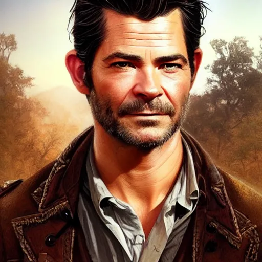 Image similar to A combination of Timothy Olyphant's and Orlando Bloom's and Chris Pine's faces as Nathan Drake, western, D&D, fantasy, intricate, elegant, highly detailed, digital painting, artstation, concept art, matte, sharp focus, illustration, art by Artgerm and Greg Rutkowski and Alphonse Mucha