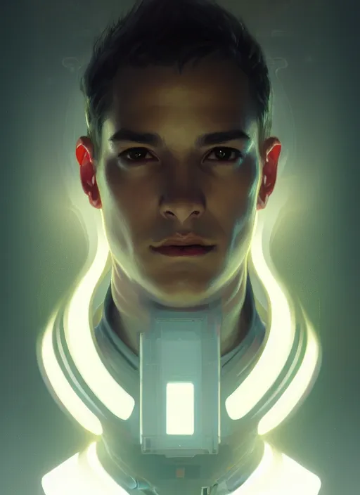 Image similar to symmetry!! portrait of male engineer, tech wear, scifi, glowing lights!! intricate elegant, highly detailed, digital painting, artstation, concept art, smooth, sharp focus, illustration, art by artgerm and greg rutkowski and alphonse mucha