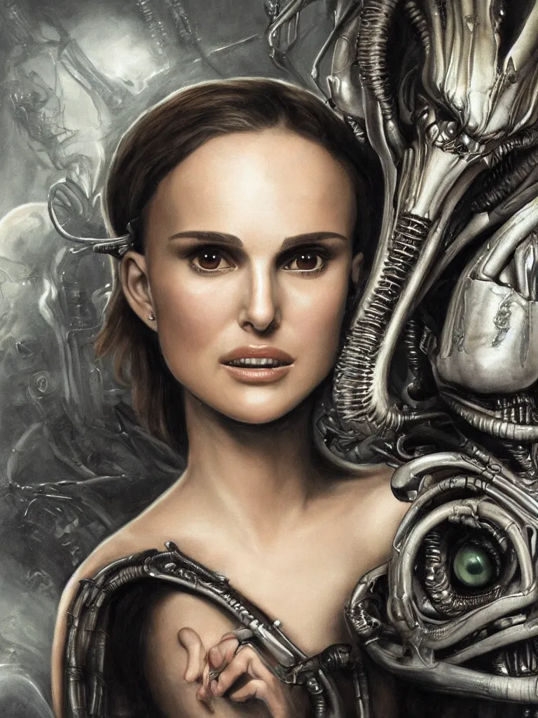 Image similar to a beautiful portrait of natalie portman with a xenomorph alien queen by h.r. giger, detailed, proportional, trending on art station, 4k