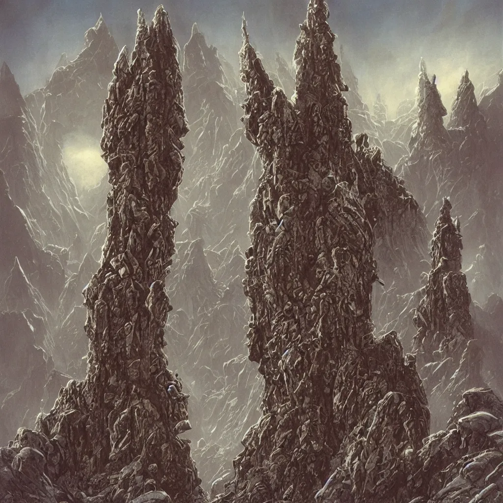 Image similar to the lovecraftian stonepunk city of cyclopean towers and stone cephalopod castles in the mountains of antarctica, upward cinematic angle, by p. craig russell, rodney matthews, frank frazetta and michael kaluta, fantasy art, psychedelic atmosphere, heavy winter aesthetics, stunning composition, alien faces, monstrous animal statues, intricate, strange, elegant, digital art, hyperdetailed, colorful hyperrealism, brilliant photorealism, horror, masterpiece, 8k