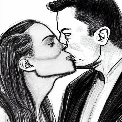 Image similar to a sketch of Elon Musk kissing Natalie Portman
