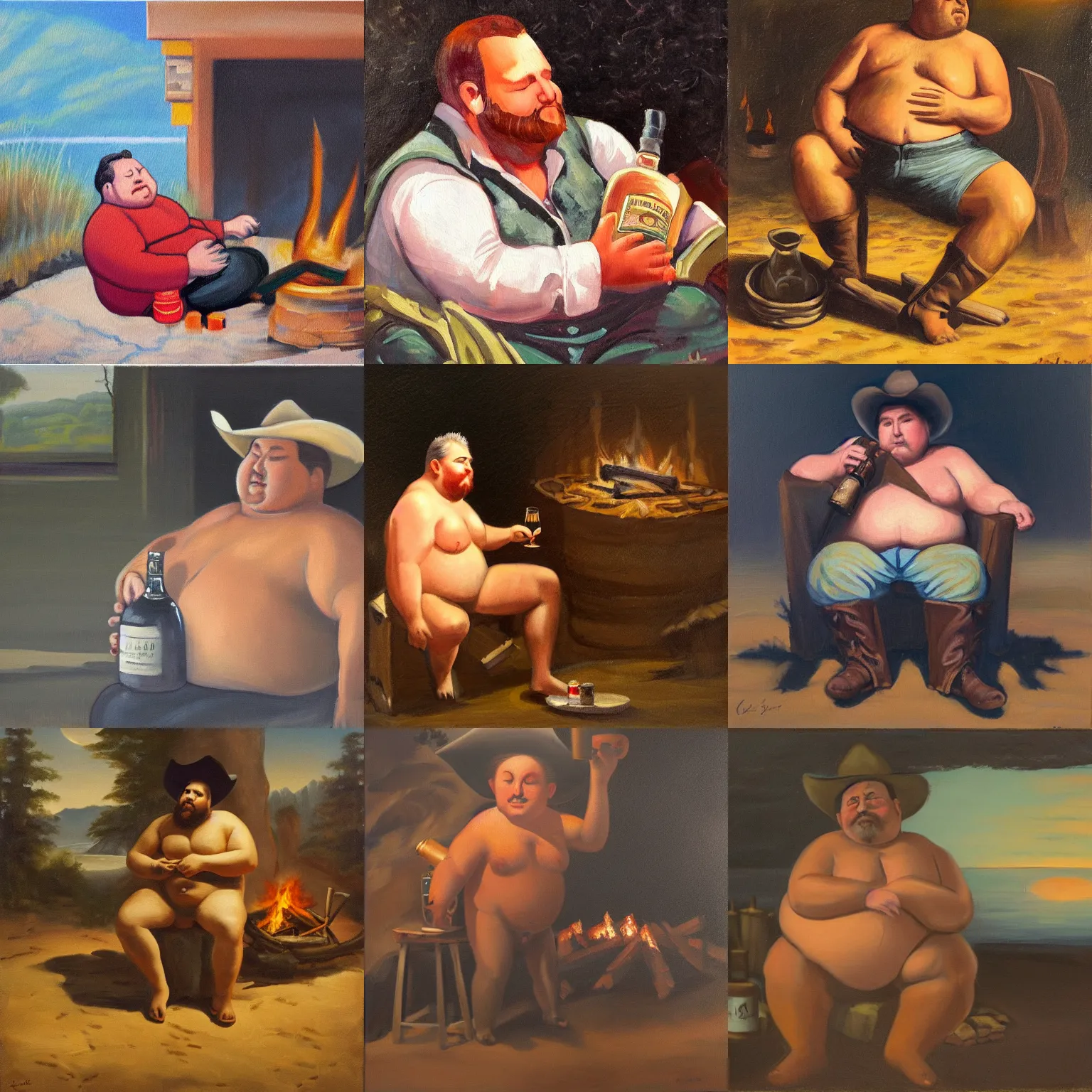 Prompt: a serene painting of a chubby half-dressed cowboy sitting by a fire at night holding a whisky jug