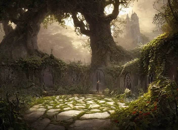 Prompt: secret garden, in the style of pan's labyrinth movie, pathway, deep dwell, spooky, dark, concept art, unreal engine 5, matte painting, artstation, caspar friedrich, wlop