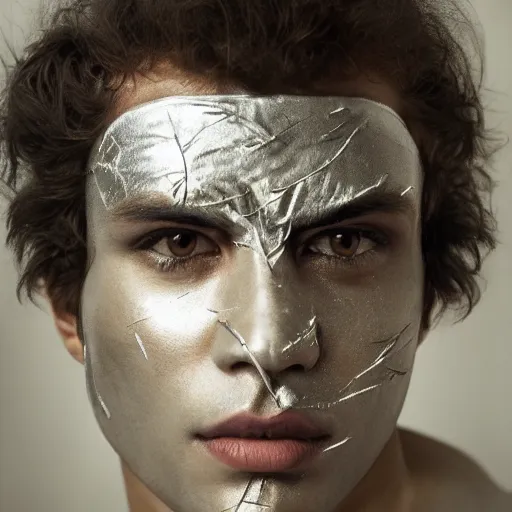 Image similar to a close up portrait of a beautiful athletic young persian male with his face covered in silver leaf , photographed by erwin olaf, artistic