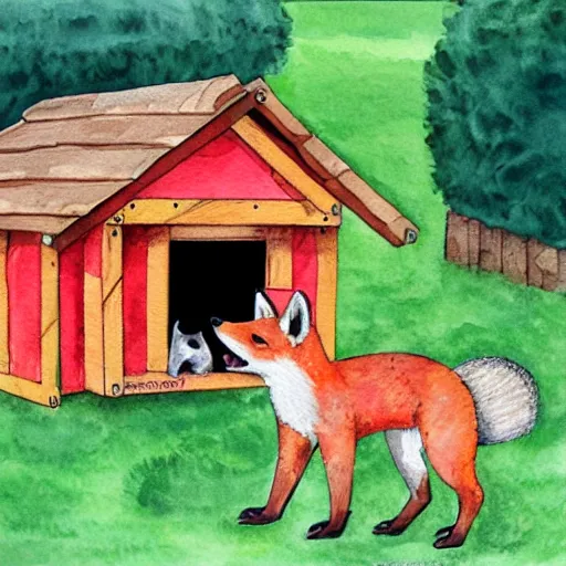 Prompt: a smug red fox in front of a hen house, watercolor illustration,