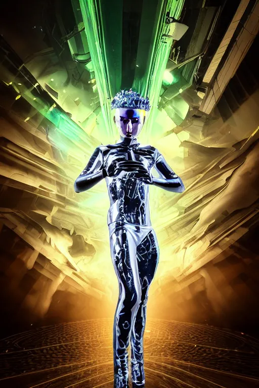Image similar to full-body rococo and cyberpunk style crystal quartz sculpture of a young handsome seductive chilean android gogo boy reaching for the moon, glowing white laser eyes, crown of black gears and diamonds, swirling green-colored silk fabric. futuristic elements. full-length view. intricate artwork by caravaggio. Trending on artstation, octane render, cinematic lighting from the right, hyper realism, octane render, 8k, depth of field, 3D