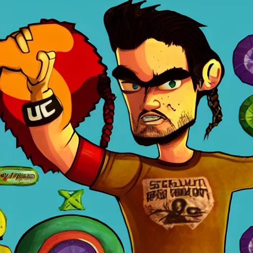 Image similar to character screenshot of ufc sean o'malley in psychonauts, rainbow hair dreadlocks, ps 3 video game, dream world, 7 2 0 p, cutscene, cartoony designed by scott campbell