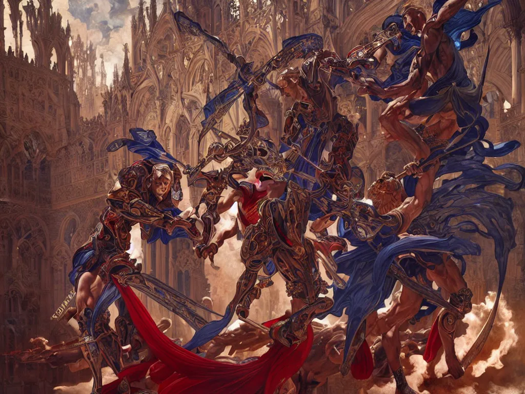 Image similar to epic battle between human warriors mages and demons, inside cathedrals and abbeys, fullbody!! dynamic action pose, religious, intricate, elegant, highly detailed, digital painting, artstation, concept art, smooth, sharp focus, red and blue color scheme, illustration, art by artgerm and greg rutkowski and alphonse mucha