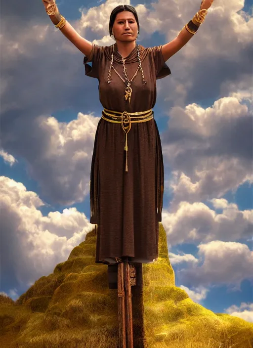 Image similar to incan female priest starring at the sky, with arms up, praying at the sky, realistic face, matte painting, fantasy art