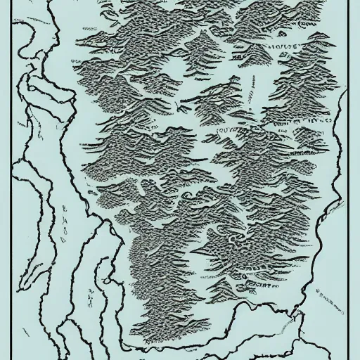 Image similar to topographical map of a fantasy world, drawing, monsters