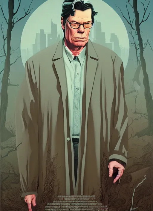 Image similar to Twin Peaks movie poster artwork by Michael Whelan and Tomer Hanuka, Rendering of Stephen King, from a scene from Twin Peaks, clean, full of detail, Matte painting, trending on artstation and unreal engine