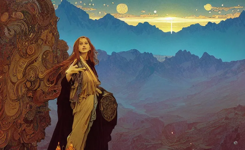 Prompt: mountains, stars and paisley filled sky, artstation, intricate, highly detailed, digital painting, concept art, sharp focus, illustration by Michael Whelan and Alphonse Mucha