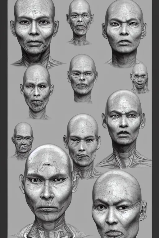 Image similar to asian facial anatomy with gunmetal grey skin, medical anatomy, very symmetrical face, highly detailed, three - perspective / three - view reference sheet ( front / back / side ), in the style of dan ouellette, steven jung, amanda lilleston, hr giger, sil from species, dren from splice, mecha, artstation, unreal engine