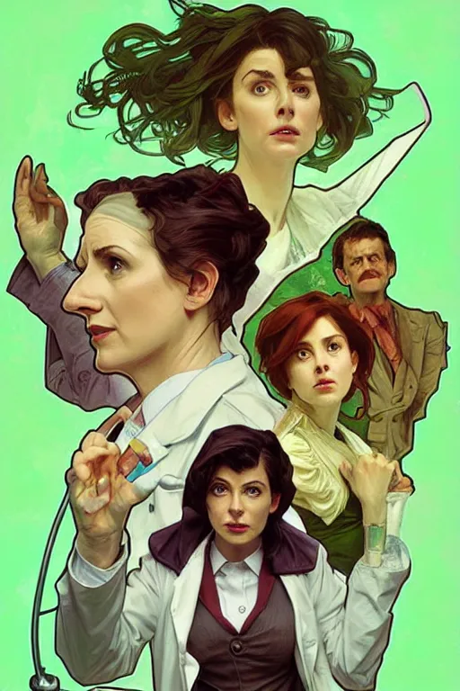 Image similar to doctor who, woman, as a mad dentist, on a plain green background, art by artgerm and greg rutkowski and alphonse mucha