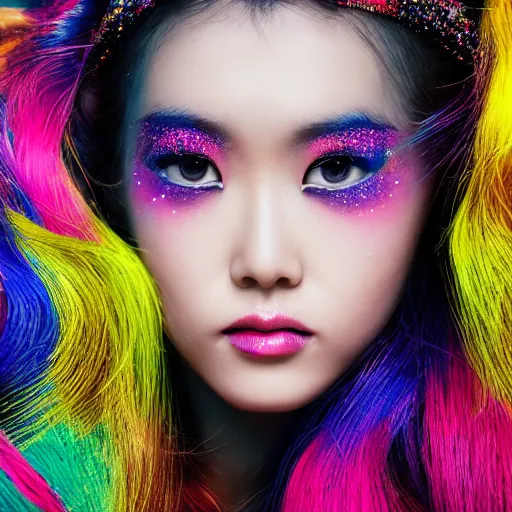 Image similar to japanese model with maximalist hair style and makeup, bright colors, fashion model, portrait shot, glitter, depth of field, 8 k, hyper detailed, intricate, trending on artstation