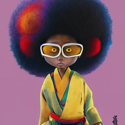 Image similar to a black girl with a colorful afro and big beautiful eyes dressed like a samurai, bright colours, watercolor, volumetric wool felting, macro photography, children illustration, by goro fujita