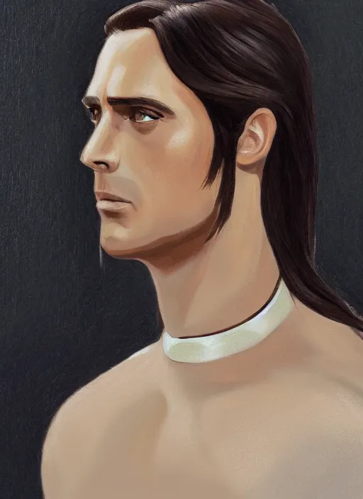 Image similar to Tarzan with long dark brown slicked back hair shoulder length slicked back hair, with pearl necklace and pearl earing, in the museum, in white turtleneck shirt, Tarzan, painting in the museum, highly detailed, sharp focus, digital painting