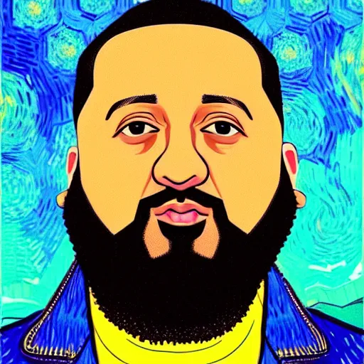 Prompt: ultra realistic portrait of dj khaled in a studio, ultra detailed, under blue, red and yellow cinematic lighting, by van gogh, cartoon, monument valley, escher