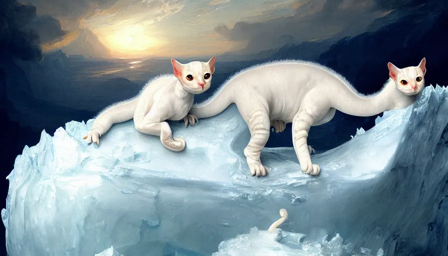 Image similar to highly detailed painting of white cute baby scaled oriental dragon cats on a blue and white iceberg by william turner, by greg rutkowski, by william constable, thick brush strokes and visible paint layers, 4 k resolution