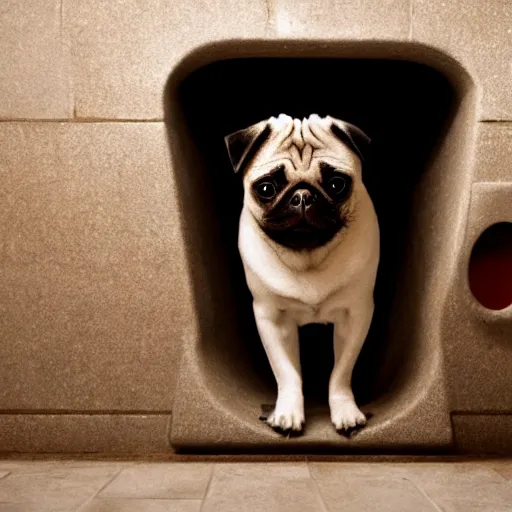 Image similar to a pug climbing out of a toilet, bathroom interior background, photo