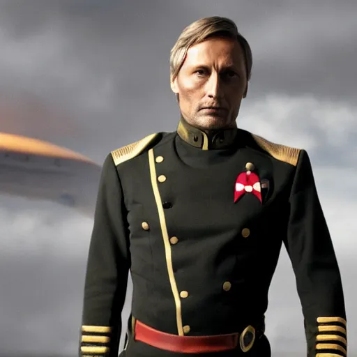 Prompt: Mads Mikkelsen wearing his starfleet captains uniform