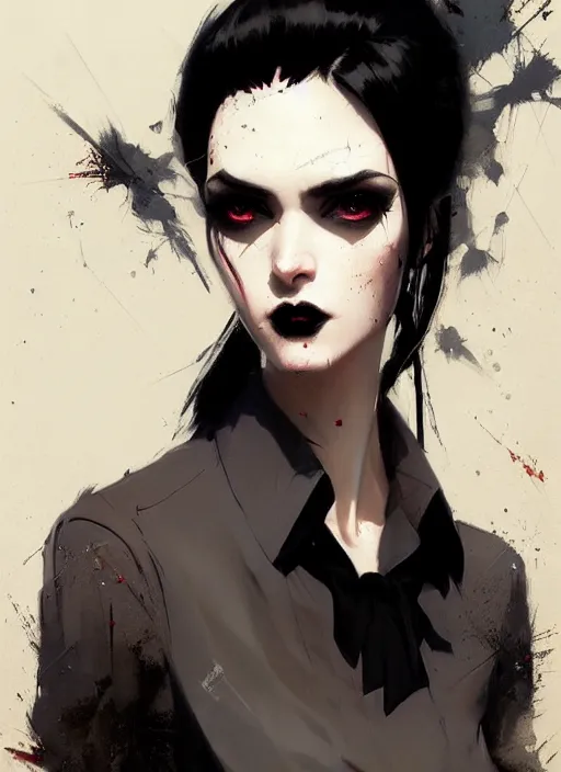 Image similar to ultradetailed beautiful panting of a stylish goth woman wearing a shirt with a tie, she has black hair, distressed, by greg rutkowski, ashley wood, ilya kuvshinov, on artstation