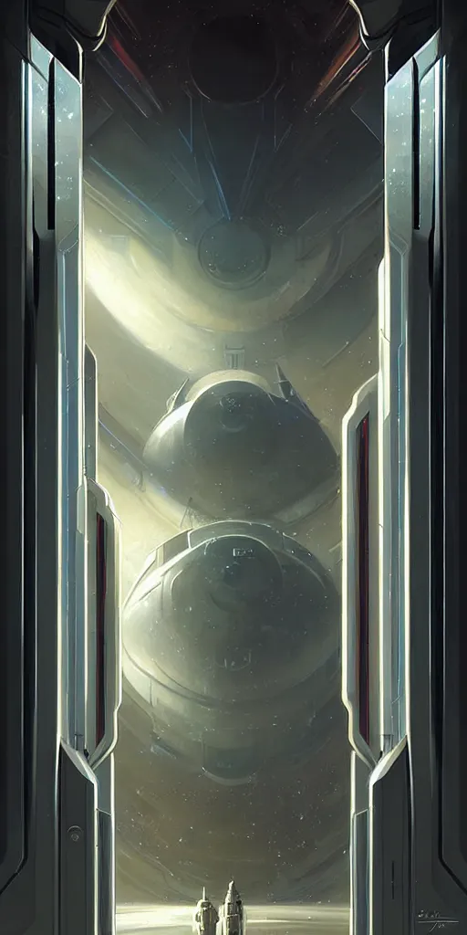 Image similar to hyper realistic art - deco sci - fi double door by jordan grimmer, darek zabrocki