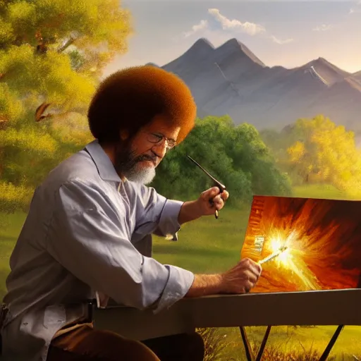 Image similar to a closeup photorealistic photograph of bob ross painting an image of iron man on a large canvas. mountains and trees. film still. brightly lit scene. this 4 k hd image is trending on artstation, featured on behance, well - rendered, extra crisp, features intricate detail, epic composition and the style of unreal engine.