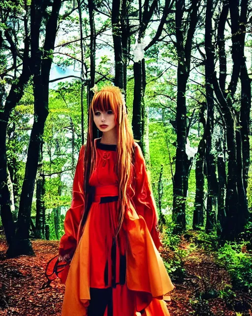 Prompt: dreamy tiktok iPhone photo of beautiful Asuka Langley from evangelion dressed as a slavic priestess in holy birch forest in spring, 35mm, cinematic, trending on Instagram, 8k, 4k