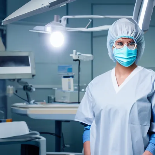 Prompt: A high resolution photograph of a surgeon standing in an operating room, surrounded by new technology, infused with lightning, very aesthetic, wearing surgical mask, surgical gown and scrubs on, full length, exquisite detail, post-processing, masterpiece, cinematic
