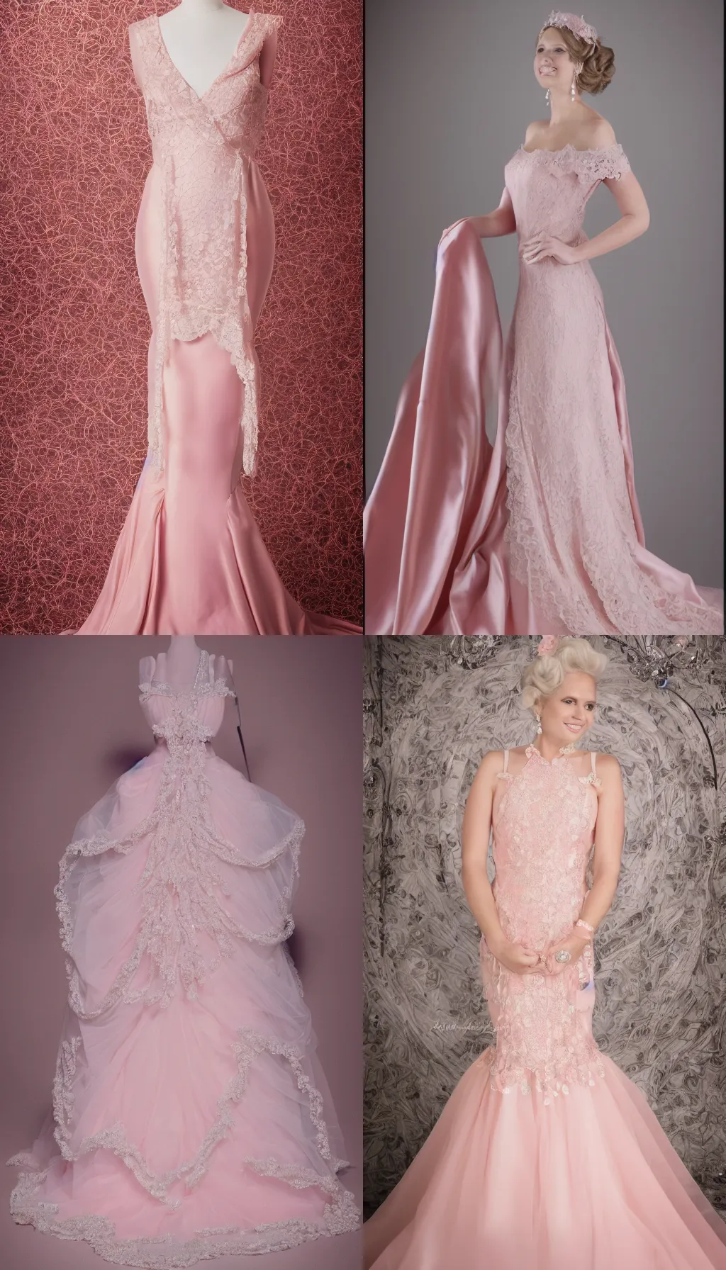 Prompt: very detailed light pink, long gown, with pearls, and lace, high octaine, very detailed render, studio photography, studio lighting