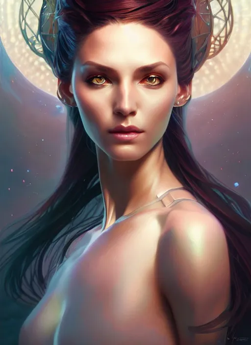 Image similar to futuristic woman portrait, sci-fi, amber eyes, face, long hair, fantasy, intricate, elegant, highly detailed, digital painting, artstation, concept art, smooth, sharp focus, illustration, art by artgerm and greg rutkowski and alphonse mucha