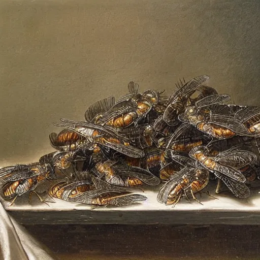 Prompt: classic still life of a large pile of dead houseflies on a silver tray on a table, oil on canvas, highly detailed