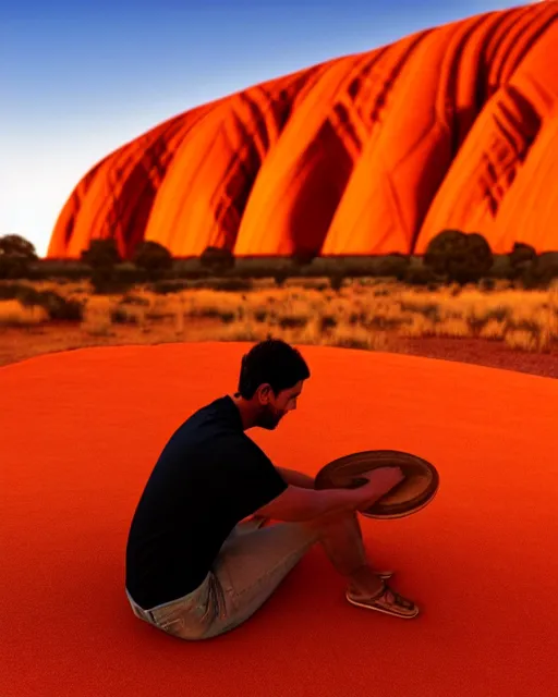 Prompt: close - up of man sitting at uluru playing medicine drum at campfire under cosmic night sky, global illumination radiating a glowing aura global illumination ray tracing hdr render in unreal engine 5, dramatic atmospheric volumetric lighting