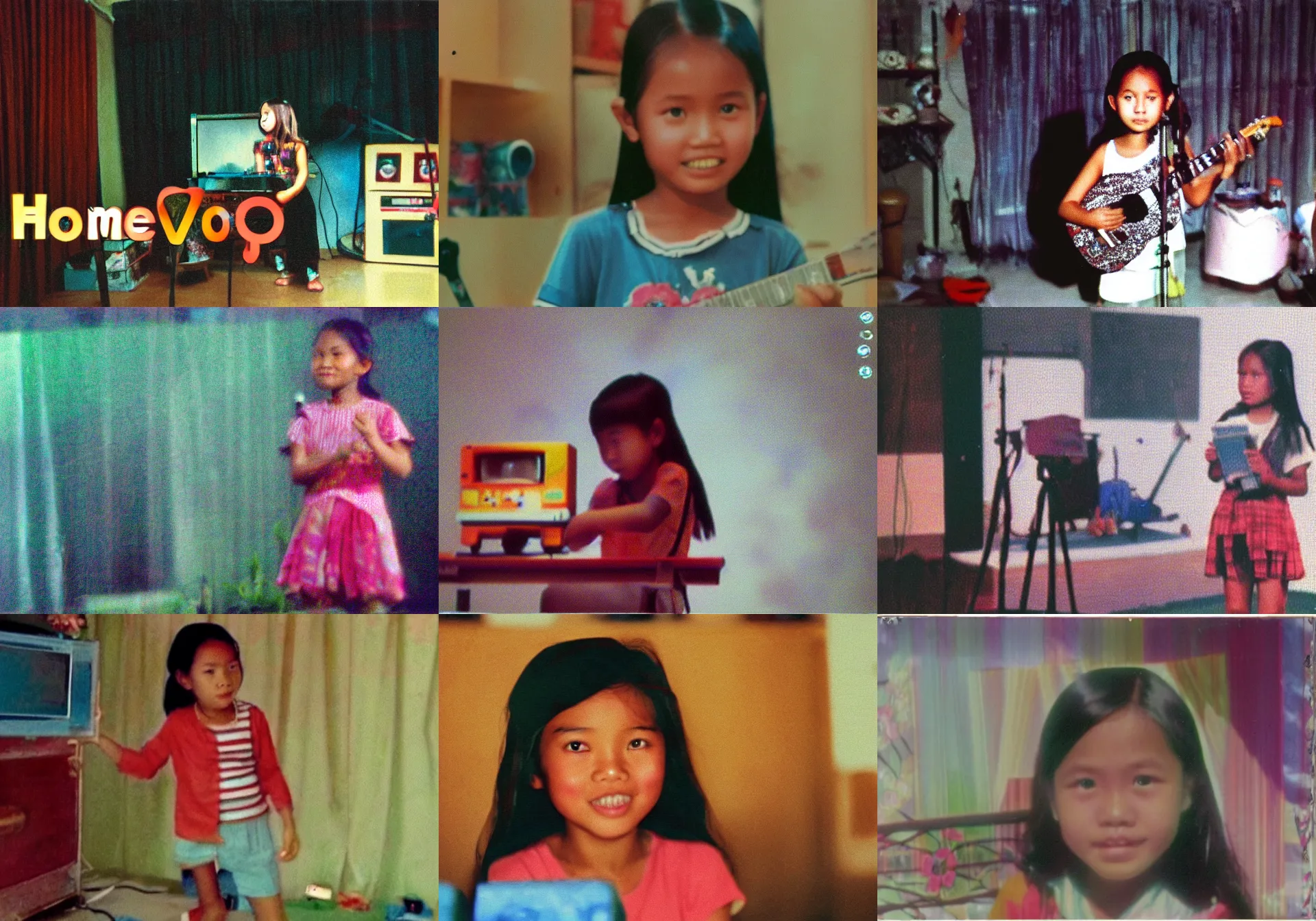 Prompt: home video footage, An Indonesian girl on the small stage in her home; summer, Color VHS picture quality with mixed noise