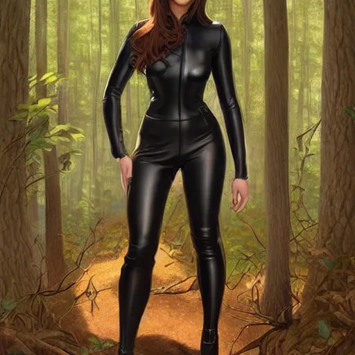 Image similar to full body portrait of a female wearing a skintight leather jacket in a forest, large thighs, perfect face, beautiful! coherent!, intricate, elegant, highly detailed, digital painting, artstation, smooth, sharp focus, illustration, art by artgerm and greg rutkowski and alphonse mucha, 8 k