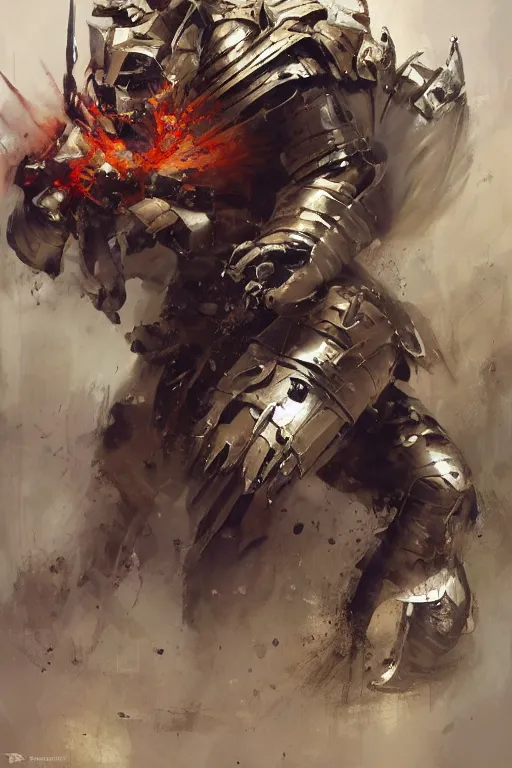 Prompt: you are the emperor's chosen. hear his great anger in the roar of the bolt pistol. see his almighty fury in the blades of the chainsword. feel his undying strength in the protection of your armour., by ryohei hase, by john berkey, by jakub rozalski, by john martin