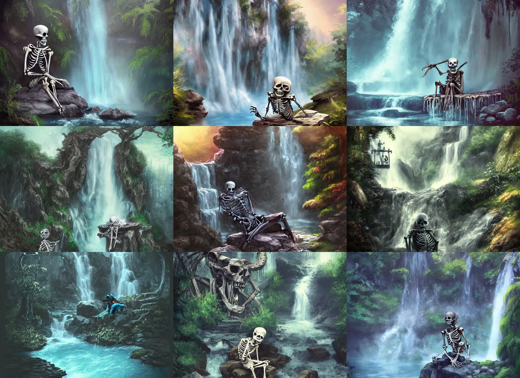 Prompt: a skeleton sitting near a waterfall, magical, fantasy, digital art, trending on artstation